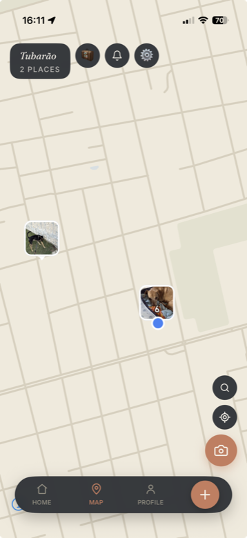 Storia map with photo-card pins marking saved places