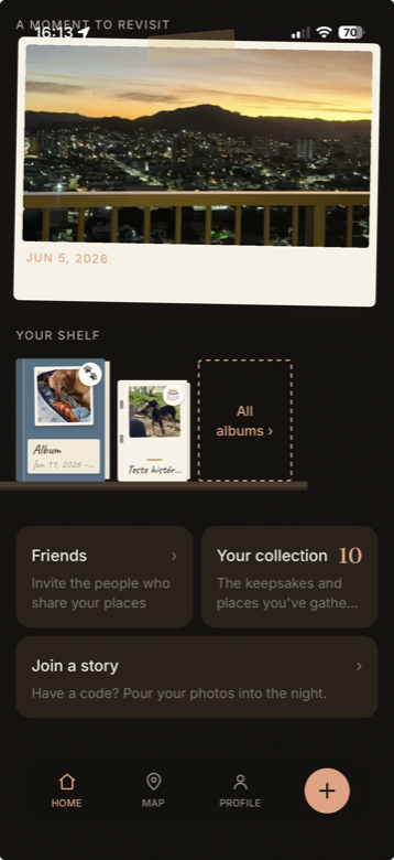 Your shelf — album and zine covers lined up like a small bookcase